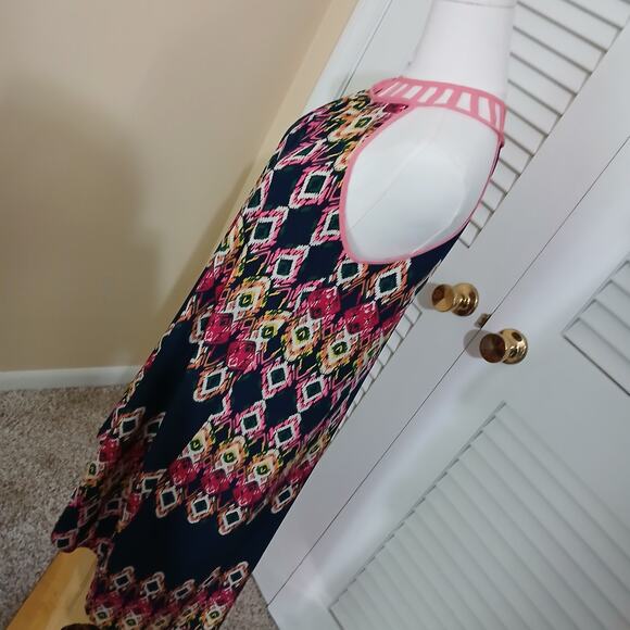 Minteau Couture 16(XL) Halter Dress A Line Navy/Pink/Green Cut-Out Neck Lined - Picture 5 of 11